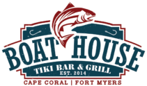 Logo for The Boathouse Tiki Bar & Grill showing both locations: Cape Coral and Fort Myers