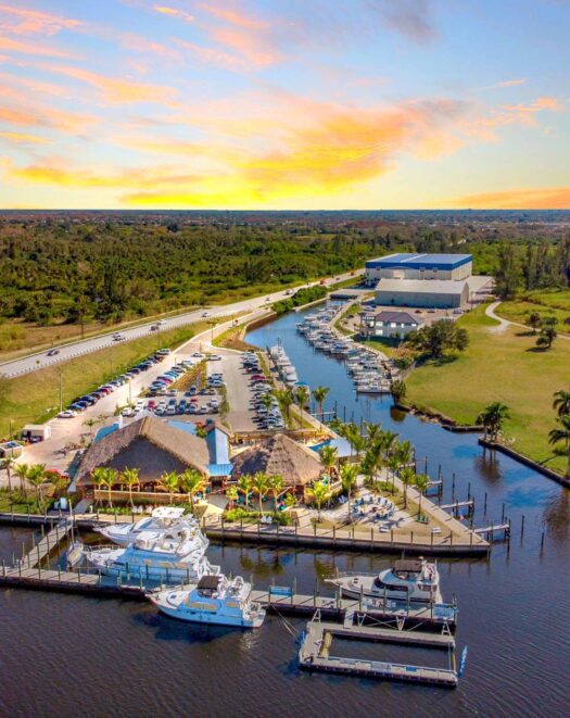 Aerial view of the Boathouse Tiki Bar and Grill at Sweetwater Landing Marina in Fort Myers Florida