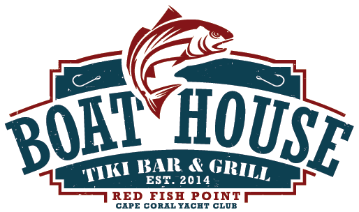 The Boathouse Tiki Bar and Grill logo for the Cape Coral location at Red Fish Point